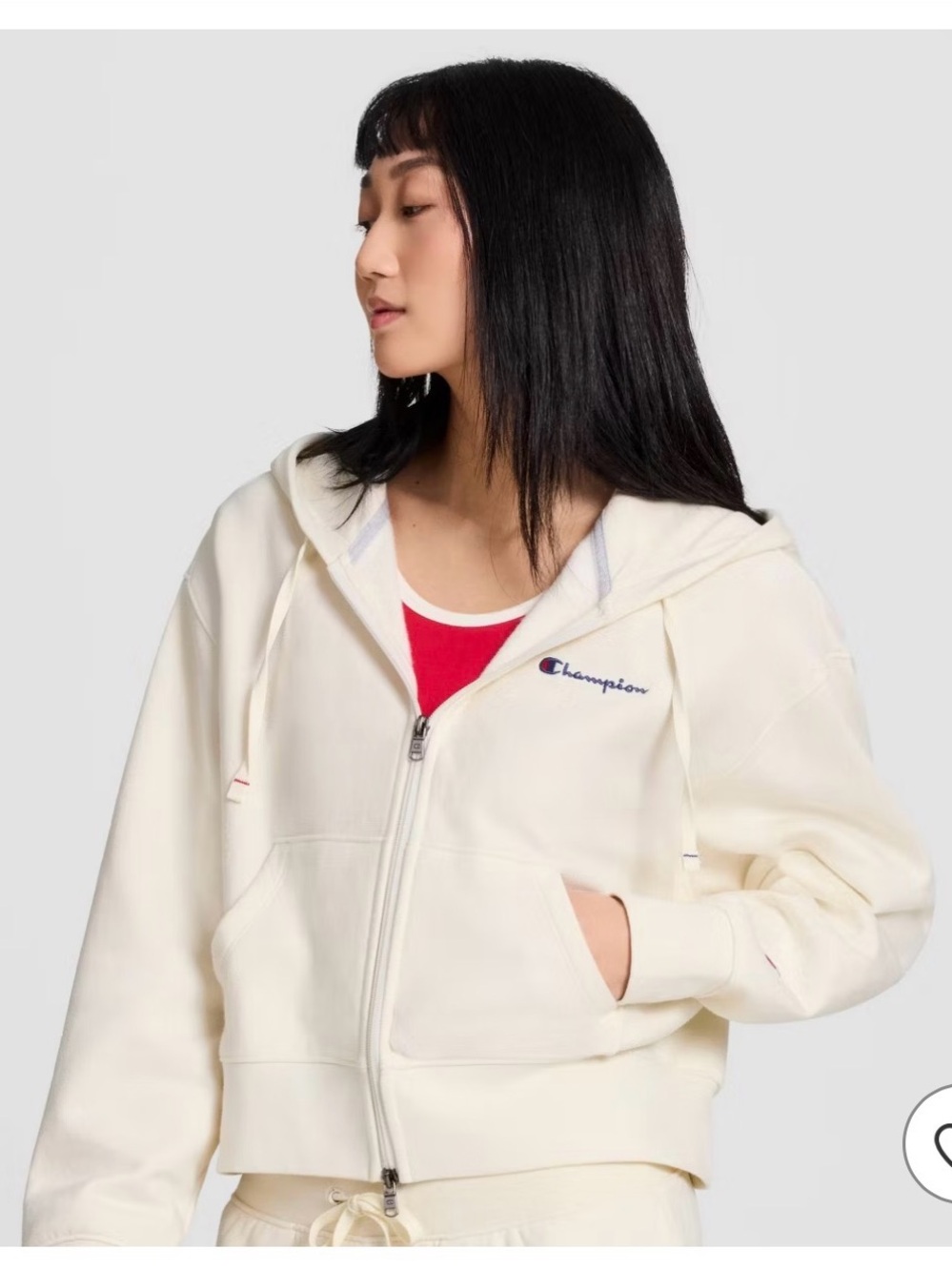Champion Women's Cream Full-Zip Hoodie with Navy Logo